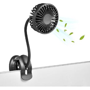 Clip on Fan Usb Mini Fan Battery Operated Desk Fan with Emergency Power Bank, Baby Stroller Fan Rechargeable Personal Fan Flexible Neck 3 Speeds Great for Beach Car Camping Dorm Bed Office-Black