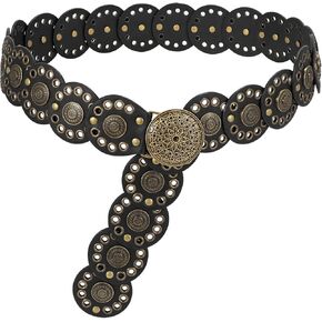 LEACOOLKEY Hollow Disc Belt Western Leather Belt Boho Concho Belt Vintage Waist Belt for Women