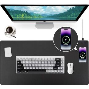 Desk Mat with Wireless Charger, PU Leather Fast Charging Gaming Mouse Pad, Waterproof Anti-Slip Surface, Easy Clean Office Table Mat, 36L x 17W x 0.15H inches, Black(Left Side Charging Port)