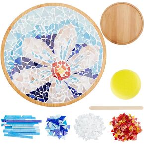WEBEEDY DIY مجموعة أدوات الفسيفساء المصنوعة من الخيزران على شكل زهرة الفسيفساء للبالغين المبتدئين، بلاط الفسيفساء الزجاجي ذو النمط الأزرق مع قاعدة كوستر مستديرة لديكور المنزل المصنوع يدويًا من الفسيفساء، هدية عيد الميلاد، 6.1 بوصة
