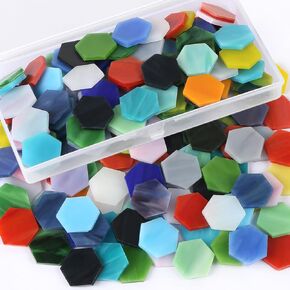Flat Glass Mosaic Tiles, 100 Pcs Stained Glass Mosaic, Regular Hexagon Mixed Color Flat Gems for Home Decoration DIY Crafts with Storage Box
