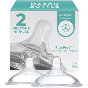 Mason Bottle Silicone Nipples: Flexible Flow for 6+ Months Transitional Flow, Wide Natural-Shaped, Make a BPA-Free Glass Baby Bottle Using Any Regular-Mouth Mason Jar, 100% Made in The USA (2 Pack)