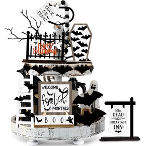 Umigy 15 Pcs Halloween Tiered Tray Decor Set Cute Halloween Bat Wooden Signs Farmhouse Rustic Tiered Tray Decoration Items for Home Table Kitchen Halloween Party Supplies