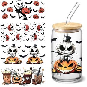 4 Sheets UV DTF Cup Wraps Transfer Stickers for Glass, Halloween Christmas Cartoon Cup Wraps Decal Stickers for Tumbler Cups (D)