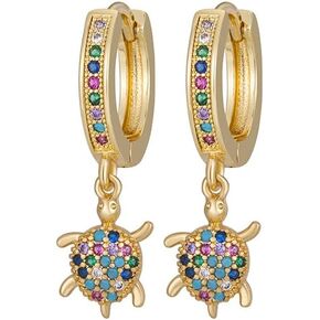 Turtle Drop/Dangle Huggie Earrings,Gold Plated Small Hoop Earrings with Charm Lightweight | Multicolored Stones