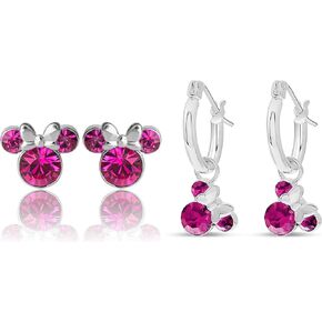 Disney Minnie Mouse October Crystal Birthstone Silver Plated Stud Earrings and Silver Plated Hoop Earrings Latch Back Bundle