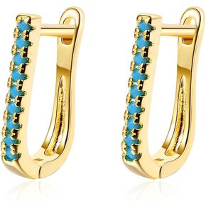 Dainty Turquoise Oval Small Hoop Earrings for Women Girls Sensitive Ear Sterling Silver Plated Bar Stud Post Huggie Hoops Hypoallergenic Delicate Geometric Fashion Jewelry Gifts for Mom Wife Girlfriend