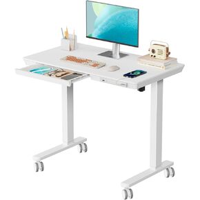 Small Standing Desk with Drawer, 35" x 20" Whole Piece Tabletop Electric Sit Stand Desk, Height Adjustable Desk with Storage & USB Ports, Quick Install Home Office Computer Desk, White