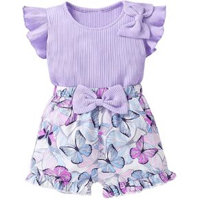 WDIRARA Toddler Girl's 2 Piece Outfits Butterfly Print Ruffle Cap Sleeve Bow Tops Shorts Clothing set