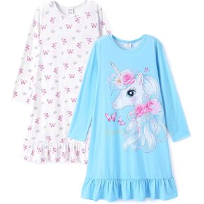 PATPAT 2Pcs Girls Nightgowns Long Sleeve Pajamas Cute Nightdress Sleepwear Pajamas