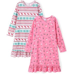 PATPAT 2Pcs Girls Nightgowns Long Sleeve Pajamas Cute Nightdress Sleepwear Pajamas