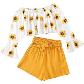 WDIRARA Girl's 2 Piece Floral Print Flounce Sleeve Top and Paper Bag Waist Shorts Set