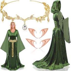 Jiuguva 6 Pcs Halloween Renaissance Fairy Costumes for Women Renaissance Medieval Hooded Robe Dresses Fairy Headband Elf Ear