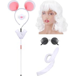 Riceshoot 7 Pcs Halloween Mouse Costume Accessory Set Rat Mice Headband Nose Tail Wig White Gloves Round Sunglasses Blind Cane for Halloween Cosplay