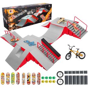Finger Skateboard Park Kits,14-in-1 Bigger Finger Skateboard Ramp Set with 14 Ramps,8 Fingerboards,1 Finger Bike, Skate Park Kit,Fingerboard Skatepark Half Pipe Toys Gifts for Ages 3+