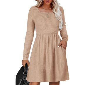 Zeagoo Womens Casual Sweater Dress Square Neck Knit Long Sleeve Dress with Pockets A-Line Knee Length Fall Winter Dress