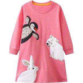 HILEELANG Toddler Girl Long Sleeve Dress Cotton Casual Jersey Shirt Playwear Applique Dress