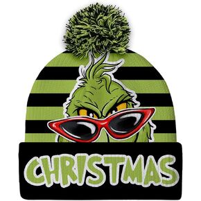 Christmas Cartoon Character Knit Beanie for Men Women, Xmas Black Green Stripes Cuffed Stretchy Woolen Yarn Winter Warm Hat with Pompom, Soft Knitted Crochet Cap for Adult Kids