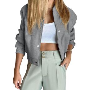 Tankaneo Womens Cropped Bomber Jacket Button Down Long Sleeve Winter Casual Varsity Pea Coats Outerwear