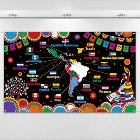 Nepnuser Hispanic Heritage Month Photo Booth Backdrop Latino Spanish Speaking Countries Flag Map School Classroom Bulletin Board Decoration Wall Decor (5.9×3.6ft)