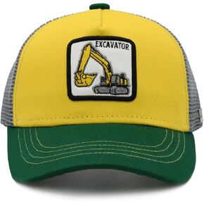 Boys Excavator Trucker Hat, Adjustable Embroidered Mesh Baseball Cap Snapback for Kids Age 2-6 Yellow