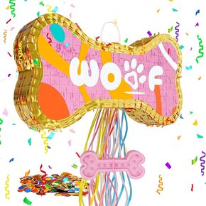 Dog Bone Pinata for Puppy Birthday Party Decorations, Pull String Pinata for Dog Themed Party Supplies, Golden and Pink Bones (16.5 x 9 x 3 inches)