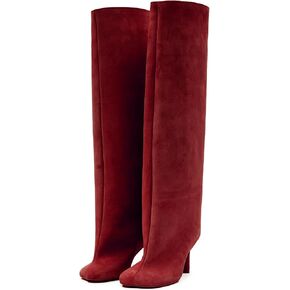 VOMIRA Women's Knee High Nude Suede Wide Calf Square Toe Stiletto Fall Winter Pull On High Heel Long Ladies Fashion Dress Tall Slouchy Boots in Saudi Arabia