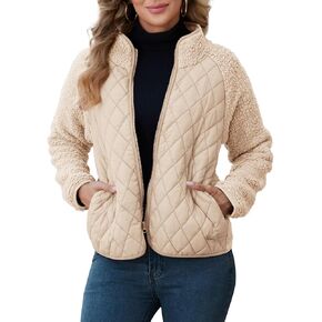 Zilcremo Women's Winter Quilted Jackets Patchwork Fuzzy Fleece Zip Up Jacket Long Sleeve Sherpa Coat Outerwear with Pockets