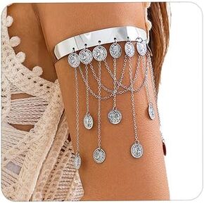 Aimimier Boho Vintage Silver Arm Cuff with Coin Chain Tassels Wide Upper Armband Open Bracelet Beach Armlet Costume Accessories for Women