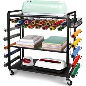 GADFISH Rolling Craft Cart and Storage Table Compatible with Cricut - Mobile Craft Rolling Storage Organizer, Crafting Table Workstation with 25 Vinyl Roll Holders for Home Craft Room