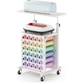 Rolling Craft Cart with Vinyl Roll Holder and Adjustable Table Height, Craft Organizers and Storage Table Compatible with Cricut Machine for Craft Room