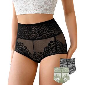 J-pone Women High Waisted Lace Underwear Sexy Stretch Breathable Full Coverage Briefs, 2 Pack