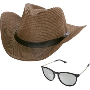 قبعات رعاة البقر من القش للجنسين من choyaxo مع نظارات شمسية مجموعة زي رعاة البقر الغربي بما في ذلك قبعة رعاة البقر والنظارات الشمسية زي رعاة البقر للهالوين والحفلات والشاطئ in Kuwait