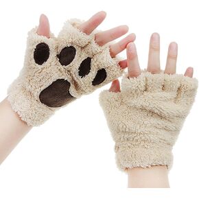 Girls Women Plush Bear Claw Cat Paw Fingerless Glove Soft Warm Winter Mittens in Kuwait