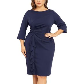 ZOMVA Plus Size 1X-4X Women's Bodycon 3/4 Sleeve Ruffle Midi Dress Vintage Crew Neck Pencil Dress Work Church Cocktail Formal