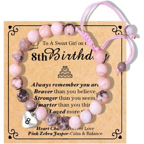 Chuchoter 8-16 Year Old Girl Birthday Gifts,Pink Zebra Natural Stone Sweet Heart Beaded Bracelets For Girls Daughter Granddaughter Niece Happy Birthday Gifts
