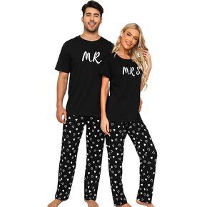 EISHOPEER Cotton Matching Pajamas for Couples Cute Printed Short Sleeve Top & Long Pants Sleepwear Pjs Sets