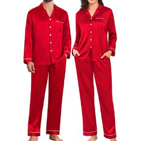 SWOMOG Couples Pajamas Womens &Mens Matching Pajamas Set Silk Satin Pj Set Long Sleeve Button Down Sleepwear 2 Pcs Loungewear
