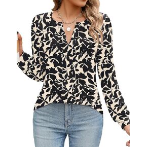 AKEWEI Womens Long Sleeve Shirts Puff Sleeve V Neck Pleated Shirts Loose Fit Blouses for Dressy Casual 2024 Fall Tops
