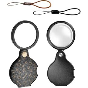 2PCS 15X Magnifying Glass Loupe Small Pocket Magnifying Lenses Glass Protective Holster Leather Lanyard for Seniors Reading Inspection Coin Hobby Jewelry or Exploring (Black + Black Print)