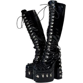 Frankie Hsu Goth Sexy Chunky Platform Knee High Heeled Lace Up Boots, Black Patent Silver Multi Buckle Gothic, Punk Y2K Hot Girl Big Large Size Wide Calf Long Shoes For Women Men