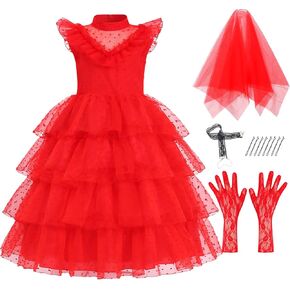 IBQ Kids Red Wedding Dress Girls Halloween Costuems Toddler Horror Comedy Character Bride Cosplay Outfit with Veil Gloves