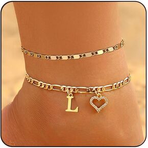 Initial Ankle Bracelets for Women Waterproof 14K Gold Plated Dainty Layered Figaro Chain Letter Initial CZ Heart Ankle Bracelets Set Summer Beach Jewelry for Women