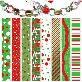 Poen 800 Pcs Christmas Paper Chains Festival Craft Paper Decorations Paper Elf Green Chain Strips Bulk 8 Festive Designs Paper Craft Supplies for Xmas Holiday Decorations