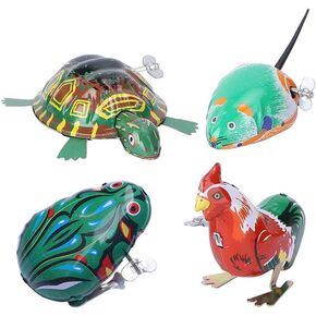 Toyvian 4Pcs Vintage Tin Toys Clockwork Toys Metal Clockwork Spring Wind up Metal Jumping Animal Toys Metal Jumping Frog Rooster Turtle Interesting Toys (Random Style and Color)