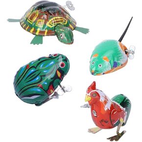 TOYANDONA Vintage Wind Up Animal 4Pcs Metal Wind Up Tin Toys Children Cochain Toys Jumping Rooster Frog Turtle Toys for Kids Party Favors (Assorted Color) Classic Clockwork Toy