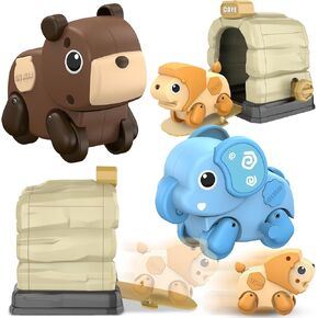HelloJoy Wind Up Toys for Toddlers 1-3, Wind Up Cars Toys for Kids with House and 3 Animal Cars, Sensory Montessori Toys Cute Fine Motor Skills Toys for 1 2 3 4 5 Year Old Boys Girls Gifts (Brown)
