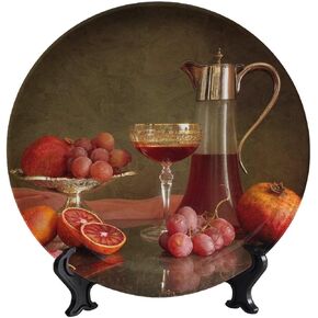 Decorative Plate Stand, 8 Inch, Red Wine Bottle Round Display Plate, Decorative Plates with Stand, Ceramic Craft for Wall Hanging Decorative