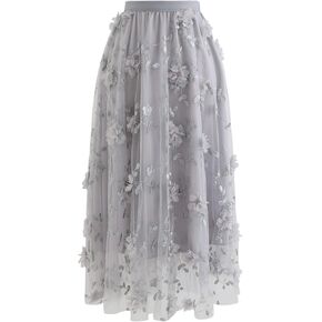 CHICWISH Women's 3D Mesh Flower Embroidered Tulle Midi Skirt