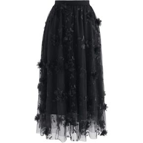 CHICWISH Women's 3D Mesh Flower Embroidered Tulle Midi Skirt